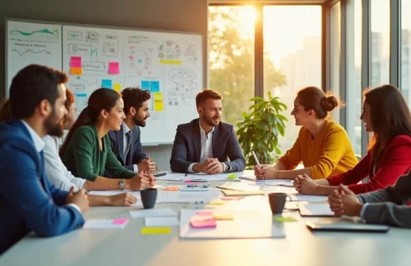 Grupo diversificado de líderes de negócios reunidos em uma sessão de brainstorming em escritório moderno.