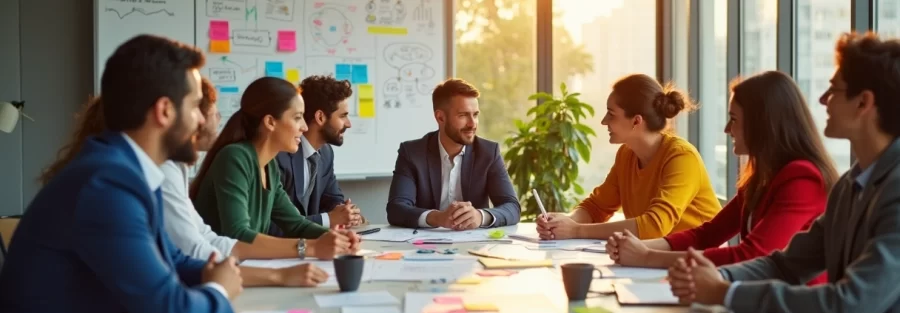 Grupo diversificado de líderes de negócios reunidos em uma sessão de brainstorming em escritório moderno.