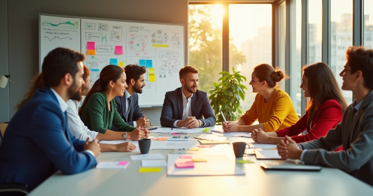 Grupo diversificado de líderes de negócios reunidos em uma sessão de brainstorming em escritório moderno.