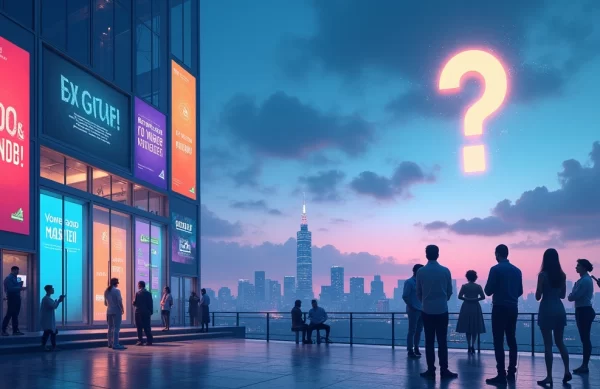 Ilustração mostrada da Lavagem de Inovação com edifícios modernos e alegações exageradas.