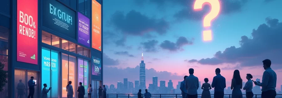 Ilustração mostrada da Lavagem de Inovação com edifícios modernos e alegações exageradas.