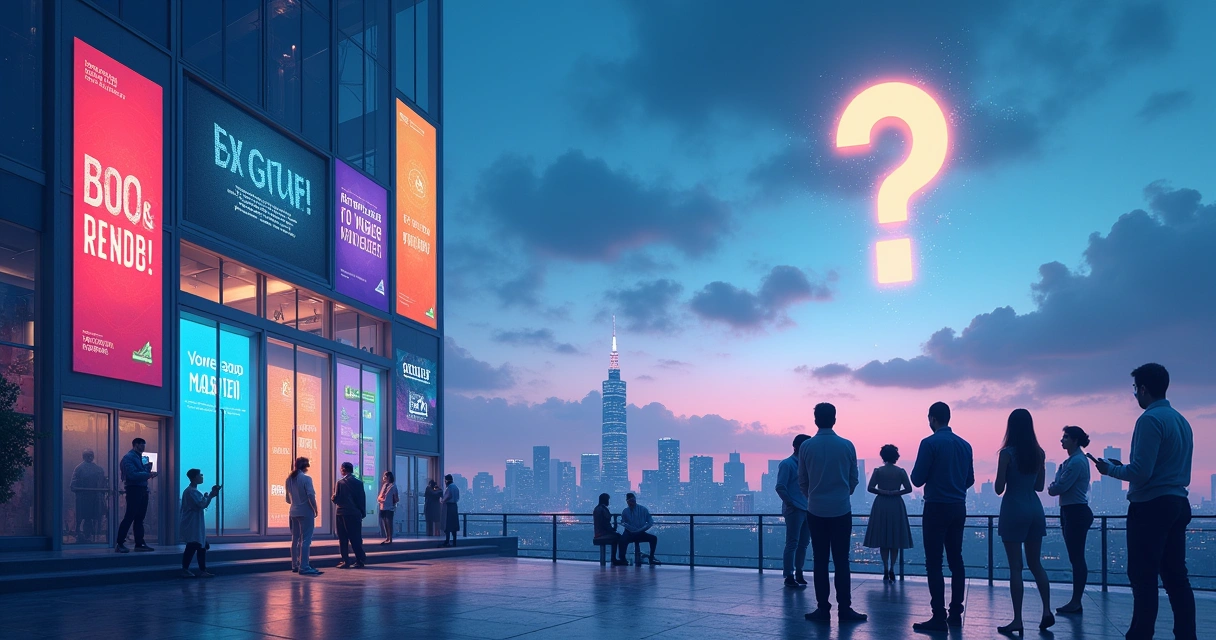 Ilustração mostrada da Lavagem de Inovação com edifícios modernos e alegações exageradas.