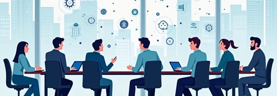 Ilustração corporativa de diretores em reunião discutindo inteligência artificial horizontal em escritório moderno