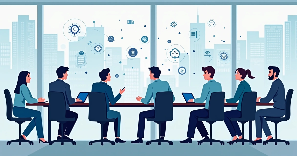 Ilustração corporativa de diretores em reunião discutindo inteligência artificial horizontal em escritório moderno