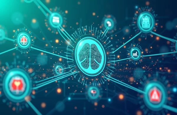 Ilustração corporativa mostrando setores empresariais conectados por inteligência artificial vertical especializada