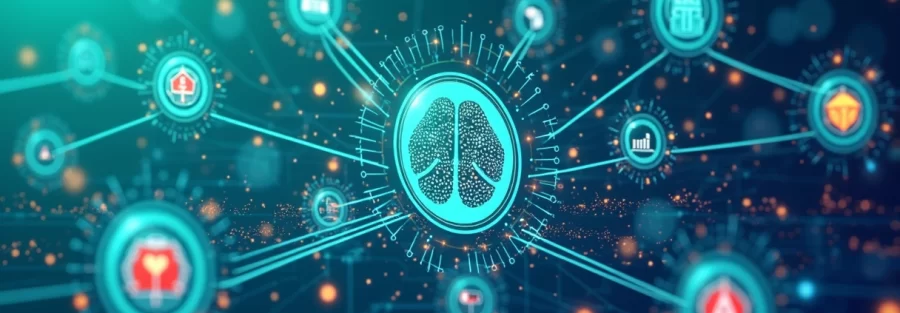 Ilustração corporativa mostrando setores empresariais conectados por inteligência artificial vertical especializada