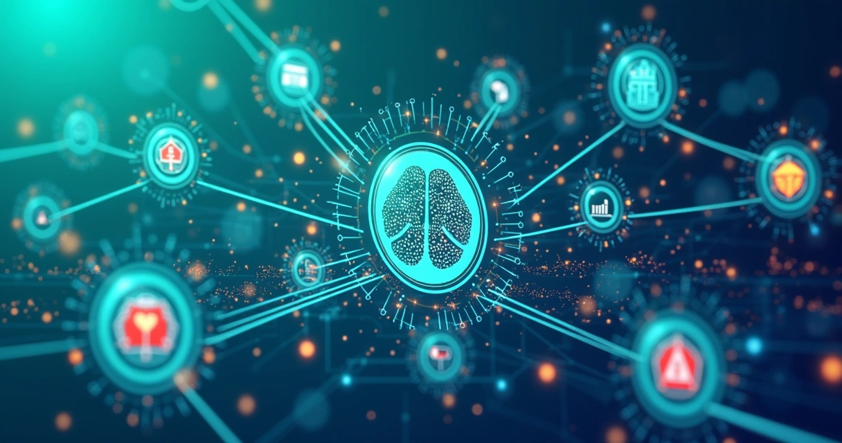 Ilustração corporativa mostrando setores empresariais conectados por inteligência artificial vertical especializada