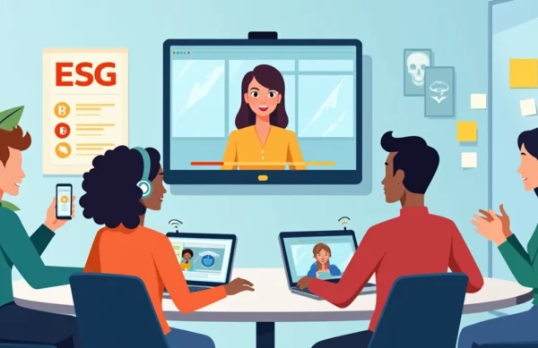 Equipe corporativa colaborando com recursos de acessibilidade comunicacional