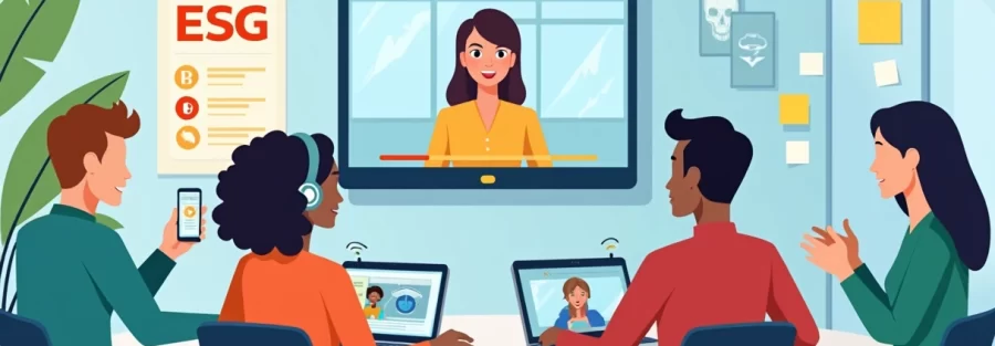 Equipe corporativa colaborando com recursos de acessibilidade comunicacional