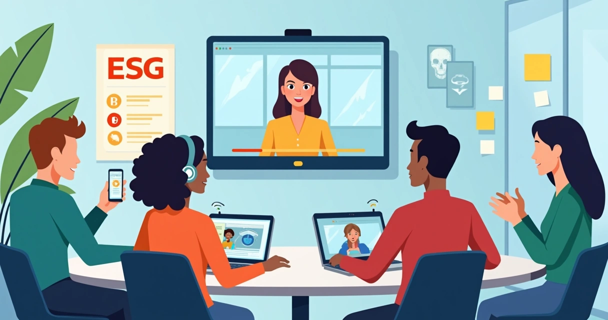 Equipe corporativa colaborando com recursos de acessibilidade comunicacional