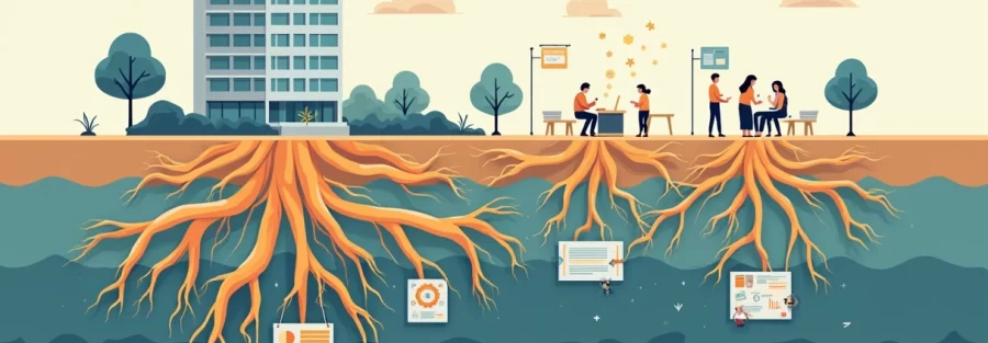 Diagrama em formato de raiz conectando setores da empresa a ideias de inovação