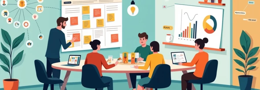 Equipe colaborando em laboratório criativo com mural de ideias e experimentos digitais