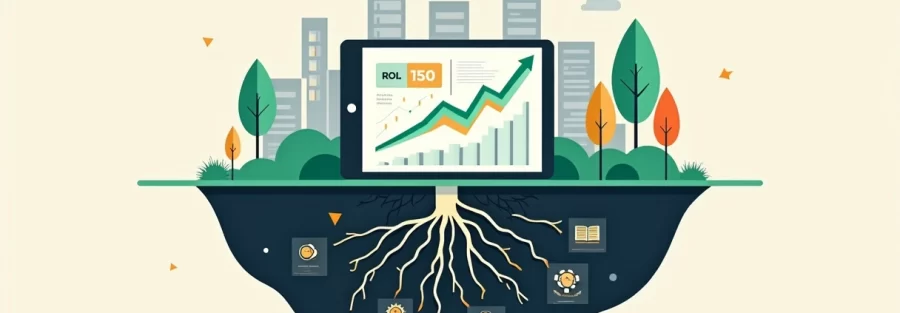 Ilustração de raiz e grafico de ROI conectando inovação e resultados